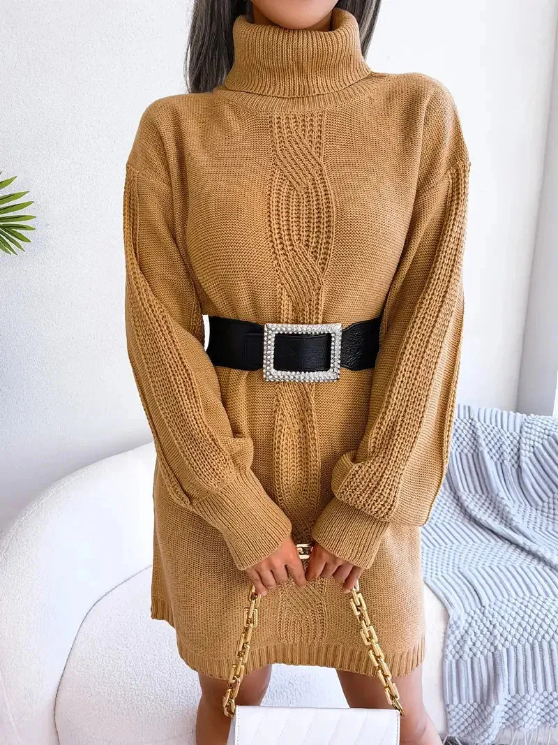 Flytonn- Turtleneck Bodycon Button Slim Sweater Dress