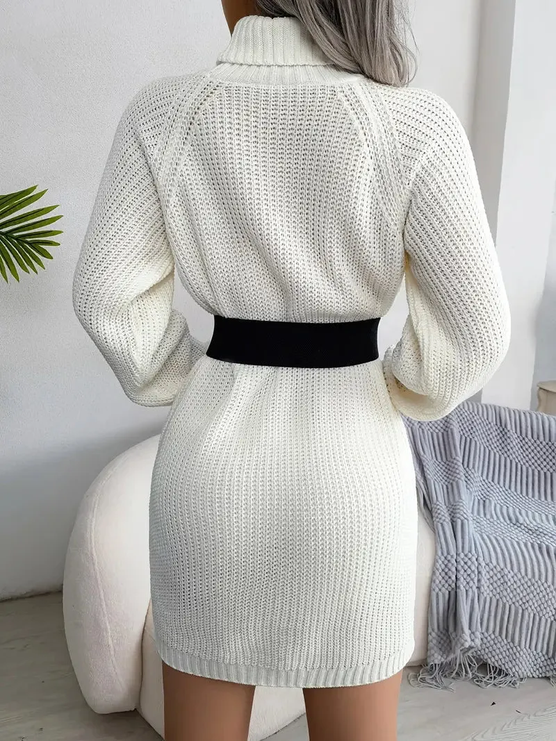 Flytonn- Turtleneck Bodycon Button Slim Sweater Dress