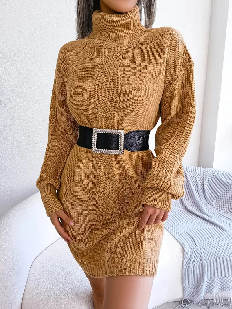 Flytonn- Turtleneck Bodycon Button Slim Sweater Dress