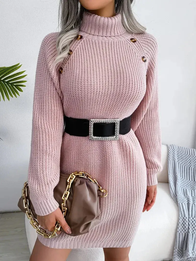 Flytonn- Turtleneck Bodycon Button Slim Sweater Dress
