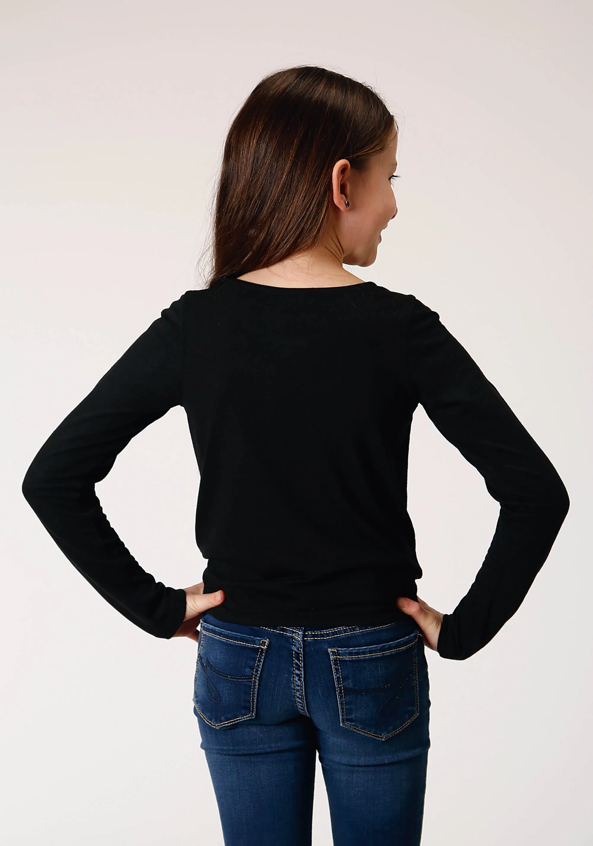 GIRLS LONG SLEEVE KNIT POLY RAYON BLACK JERSEY LONG SLEEVE  T T-SHIRT