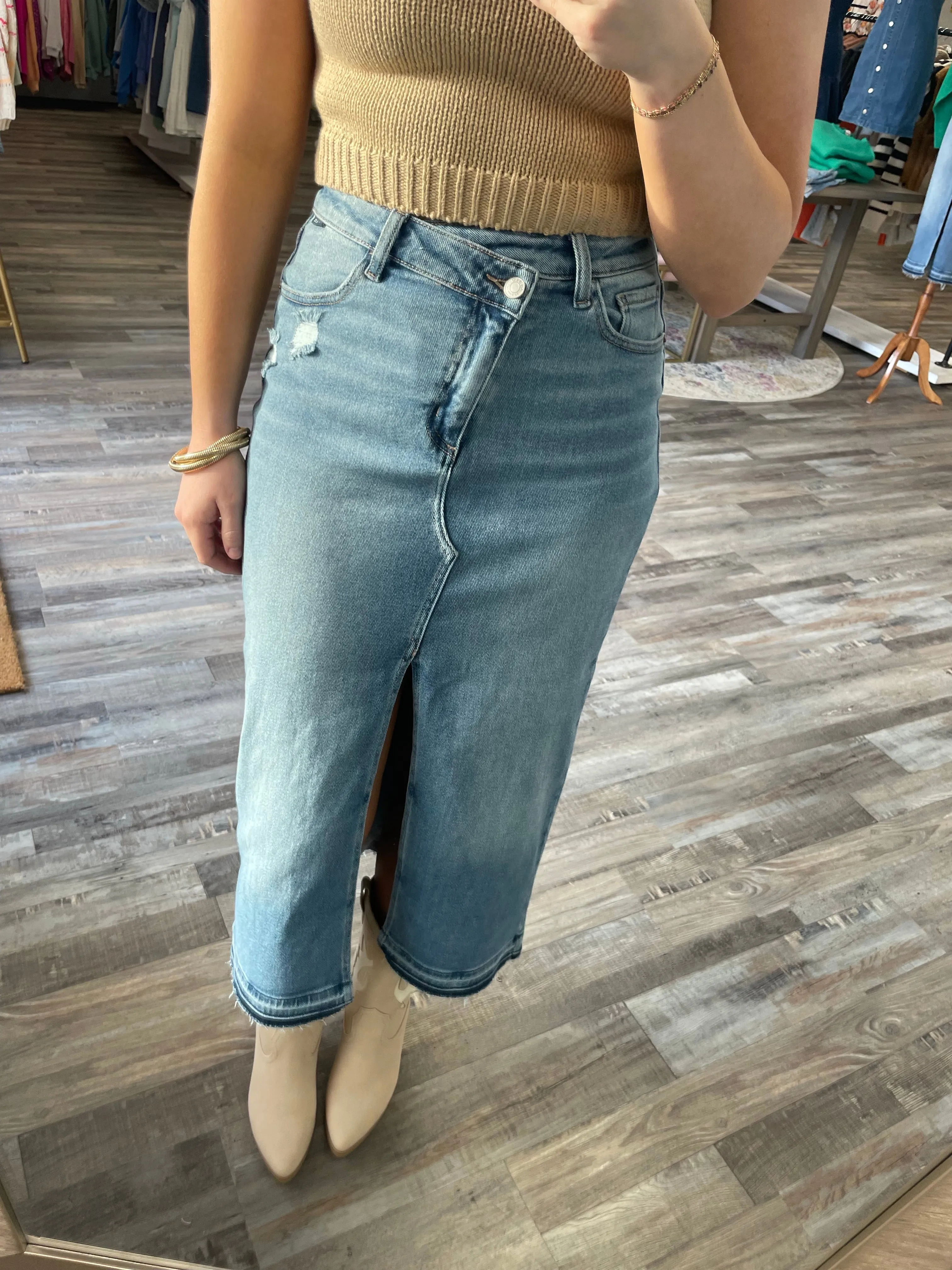High Rise Midi Skirt - Light Wash