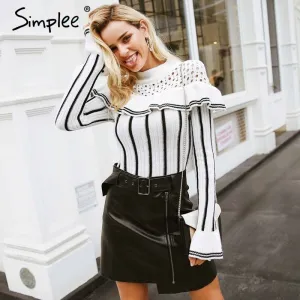 Hollow out ruffles sweater Women pullover knitted jumper Striped flare sleeve autumn winter female sweater