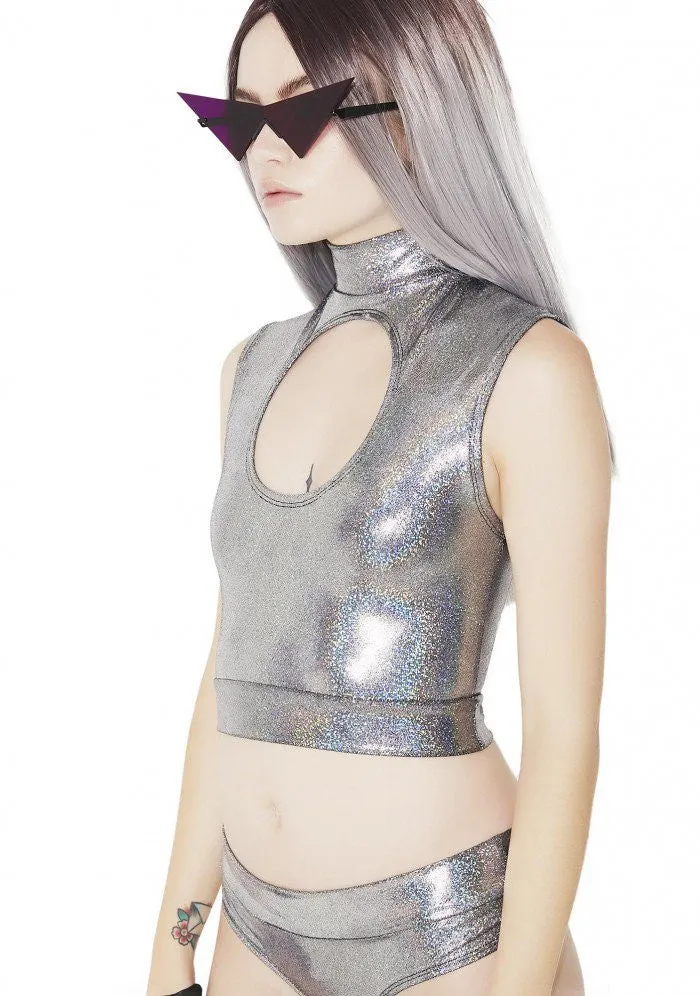 Hologram Keyhole Mock Turtleneck Crop Top in Silver