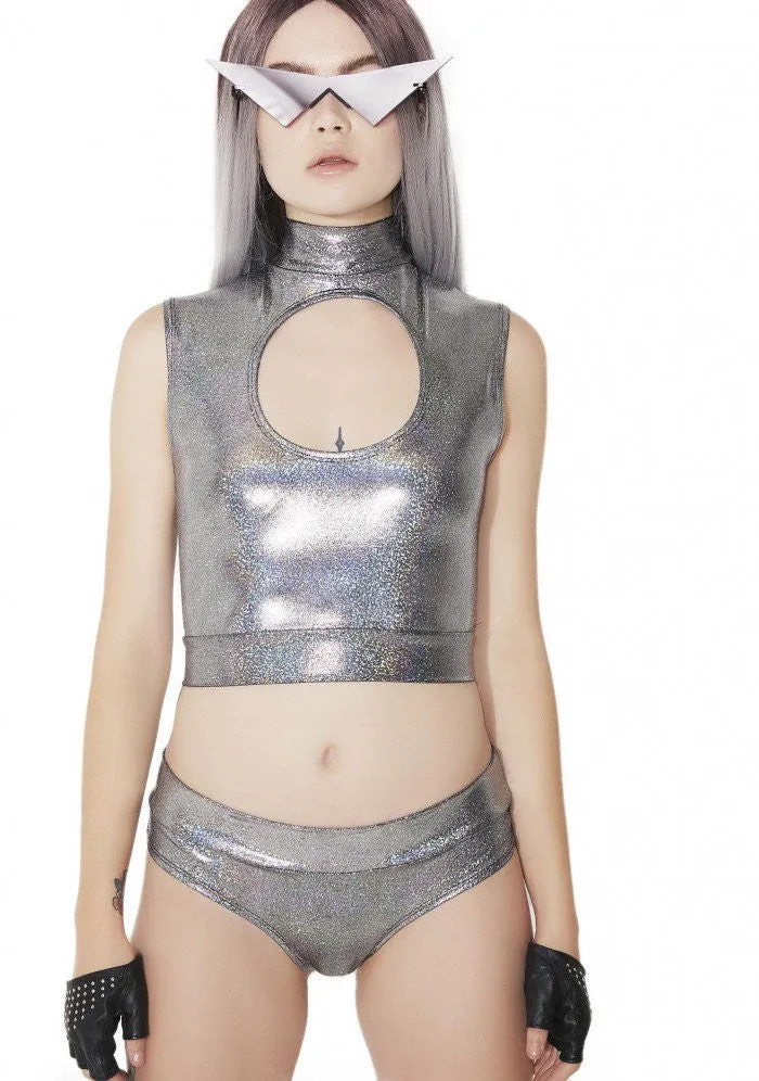 Hologram Keyhole Mock Turtleneck Crop Top in Silver