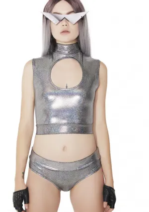 Hologram Keyhole Mock Turtleneck Crop Top in Silver