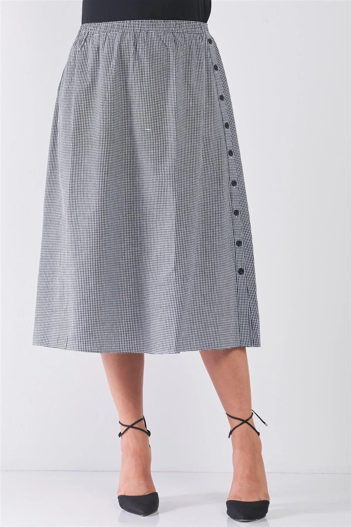 Junior Plus Size Black Gingham Print Side Button Midi Skirt /2-2-2