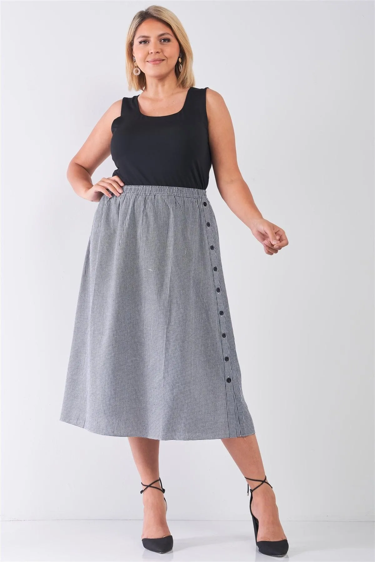 Junior Plus Size Black Gingham Print Side Button Midi Skirt /2-2-2