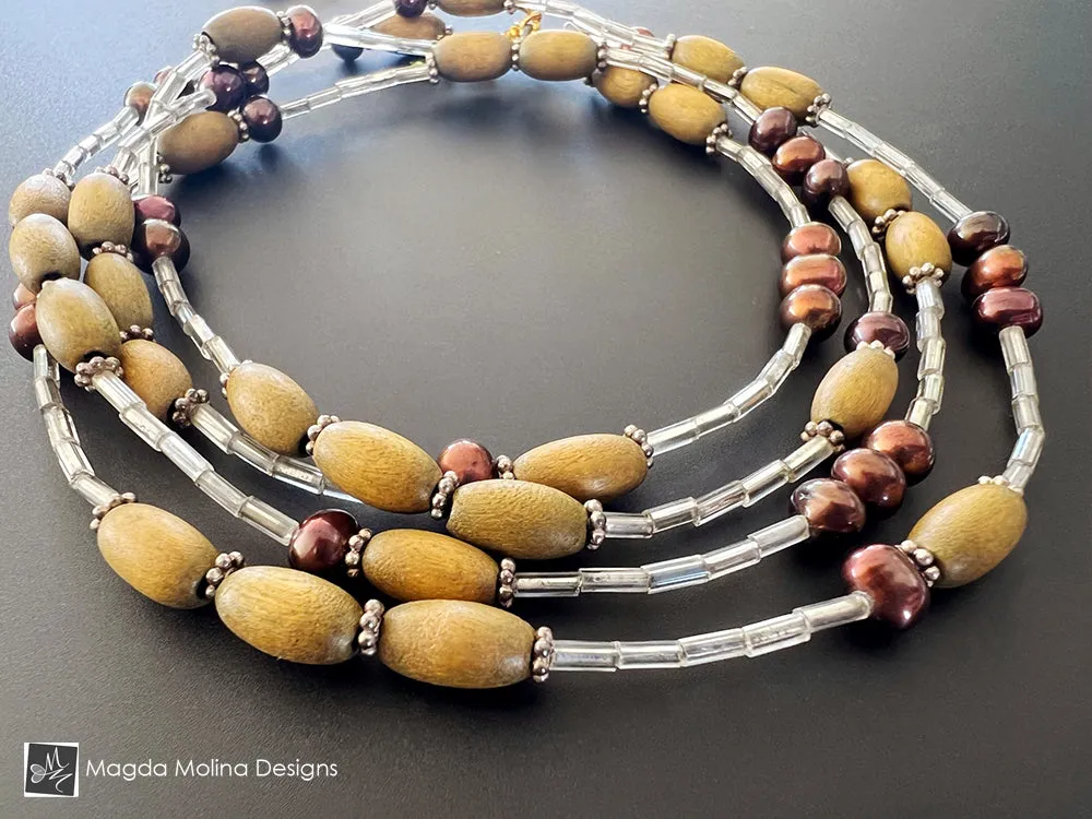 Long Layering Necklace With Wood And Freshwater Pearls