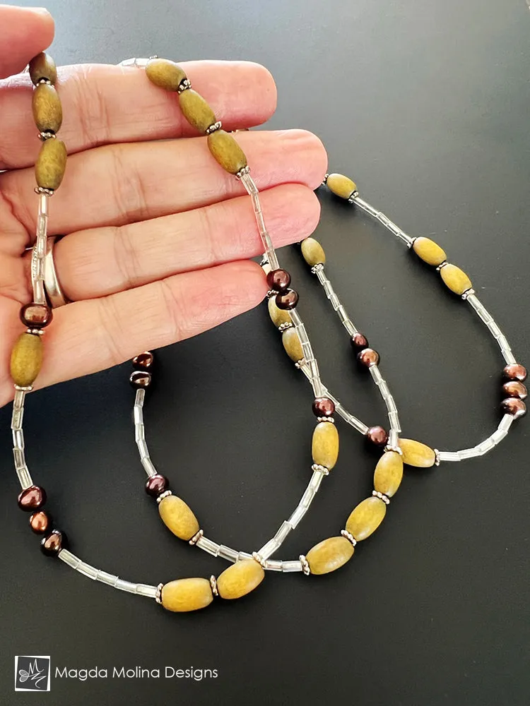 Long Layering Necklace With Wood And Freshwater Pearls