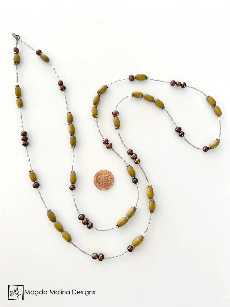 Long Layering Necklace With Wood And Freshwater Pearls