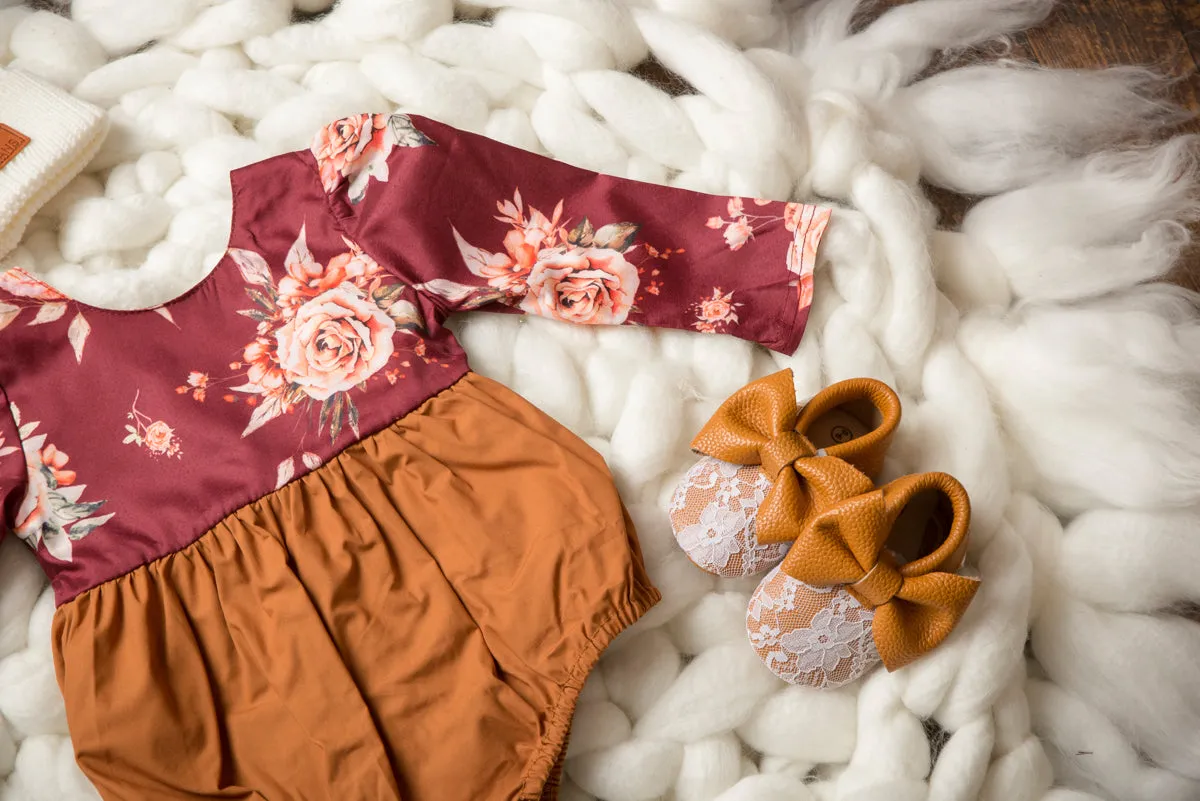 Marsala Wine & Mustard Floral Long Sleeve Romper