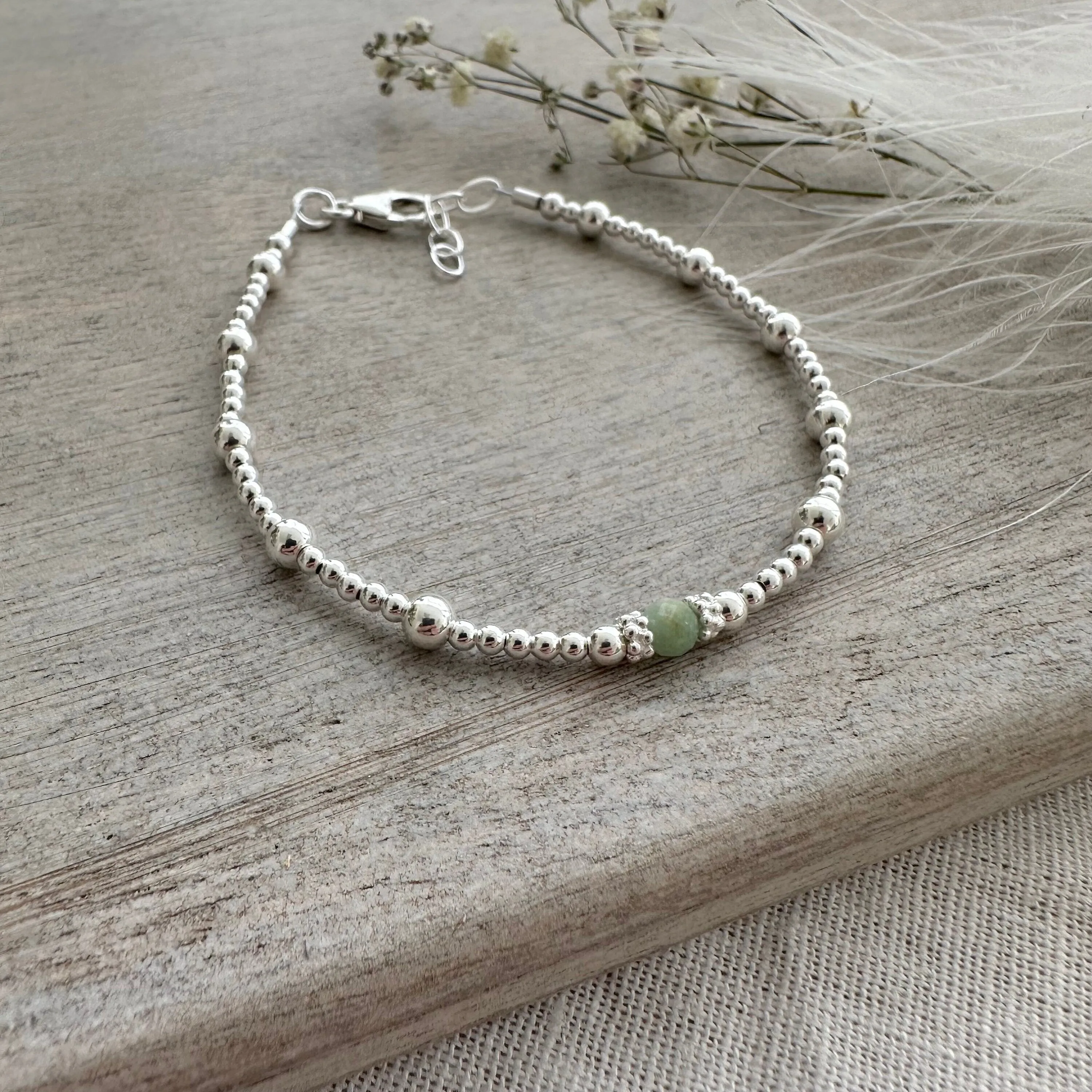 May Birthstone Emerald Layering Bracelet, Adjustable Sterling silver beaded bracelet May birthday gift for women