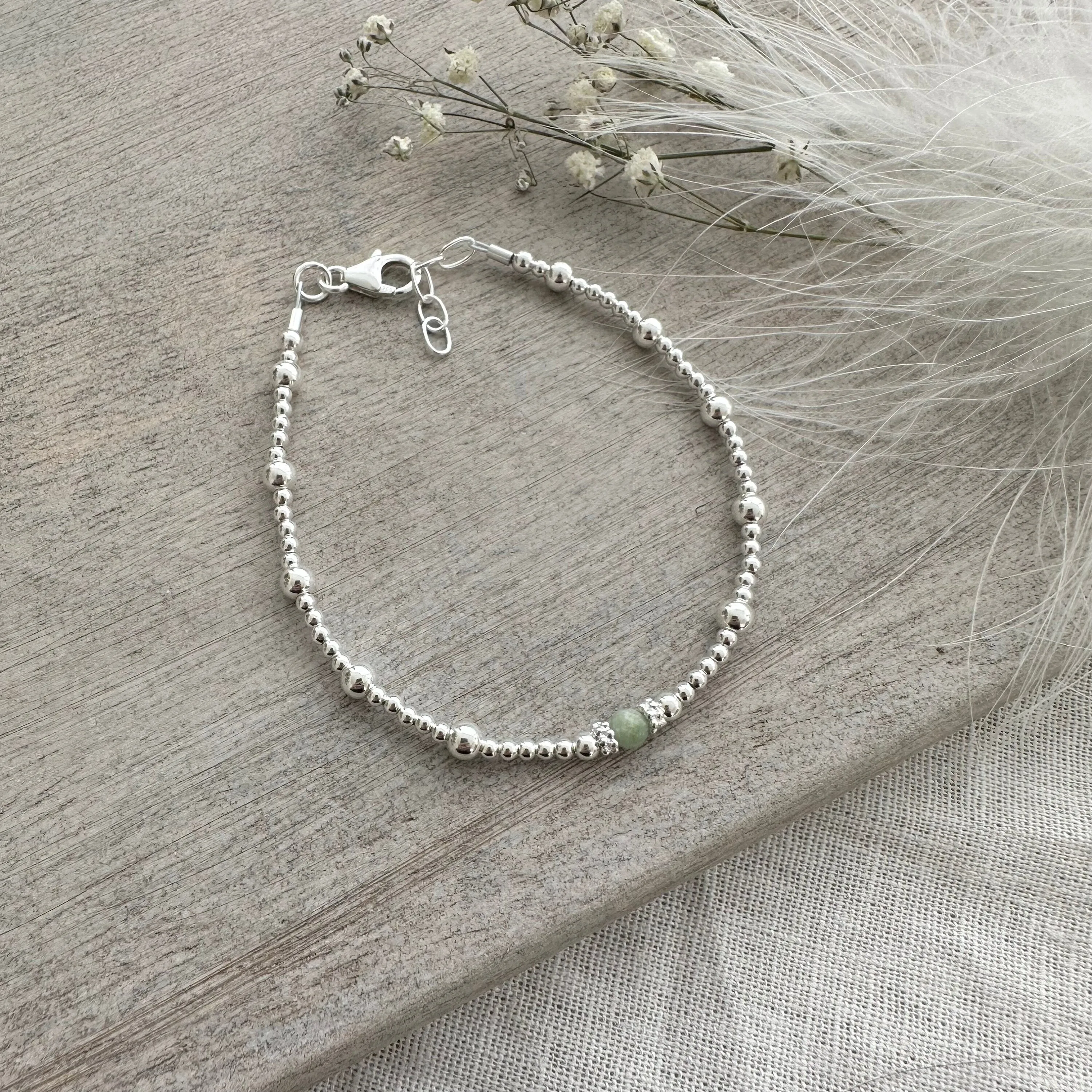 May Birthstone Emerald Layering Bracelet, Adjustable Sterling silver beaded bracelet May birthday gift for women