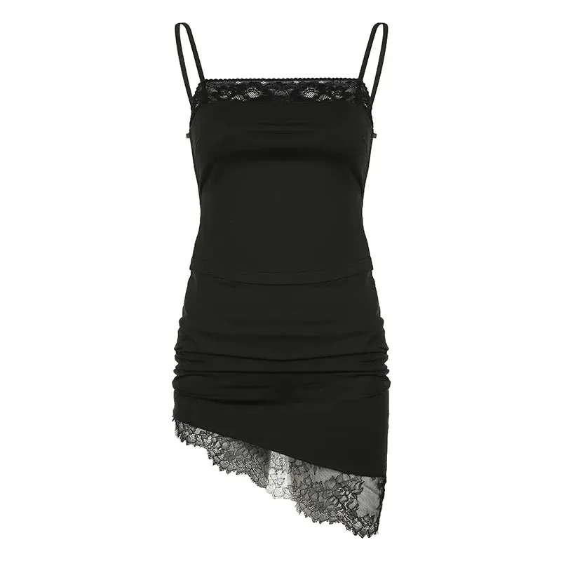 Metaversmall Fashion Skinny Sexy Two Pieces Set Female Clubwear Party Asymmetrical Crop Top  Mini Skirt Lace Patched Backless Hot