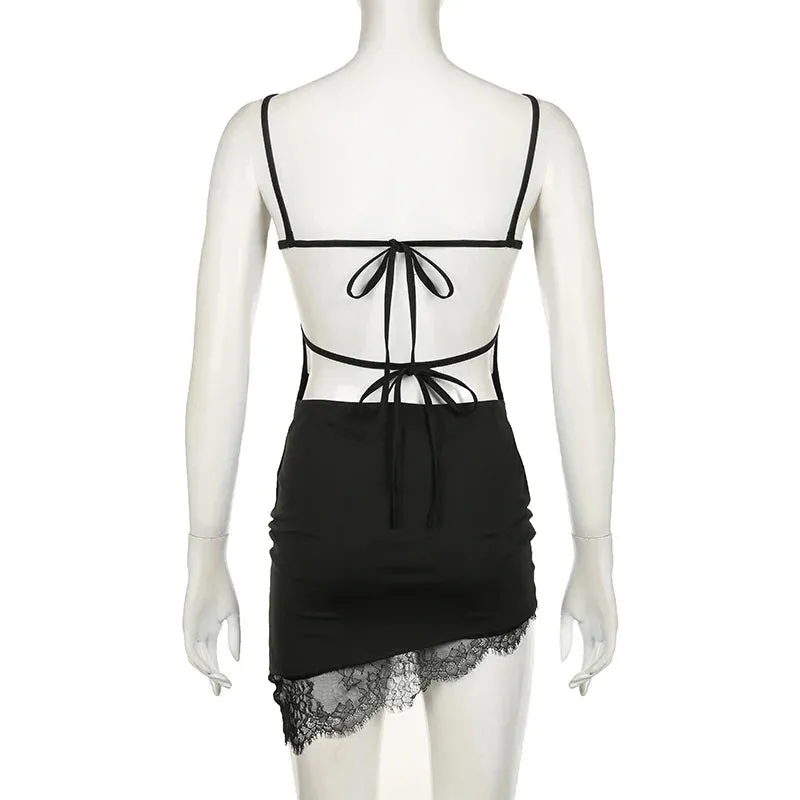 Metaversmall Fashion Skinny Sexy Two Pieces Set Female Clubwear Party Asymmetrical Crop Top  Mini Skirt Lace Patched Backless Hot