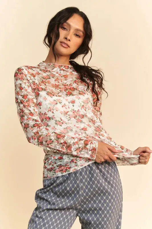Orange Floral Mesh Long Sleeve Layering Top
