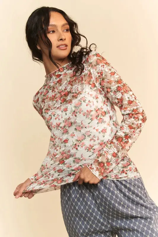 Orange Floral Mesh Long Sleeve Layering Top