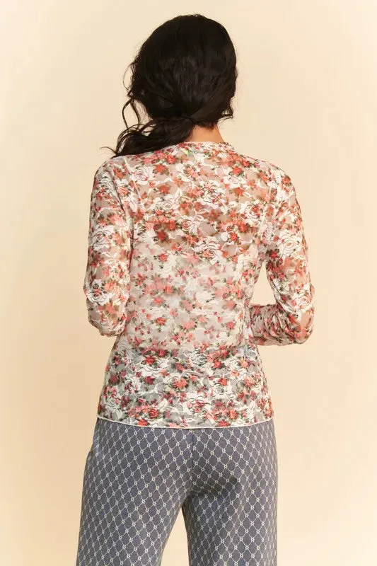 Orange Floral Mesh Long Sleeve Layering Top