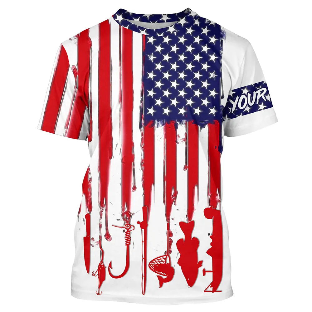Personalized Name American Flag Fishing 3D Long Sleeve Shirt Gift For Fisherman, Flag Fishing Shirt