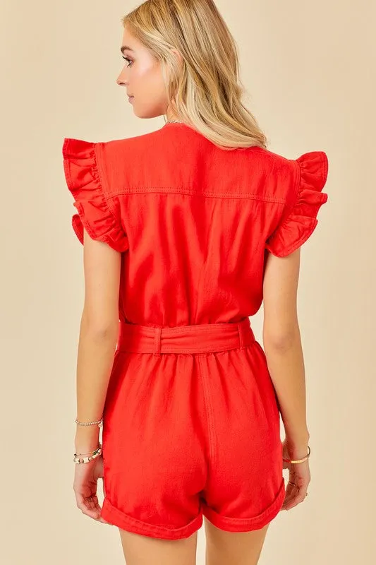 Portia Ruffle Sleeve Belted Denim Romper