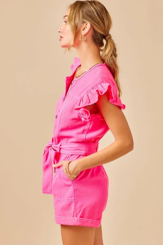 Portia Ruffle Sleeve Belted Denim Romper