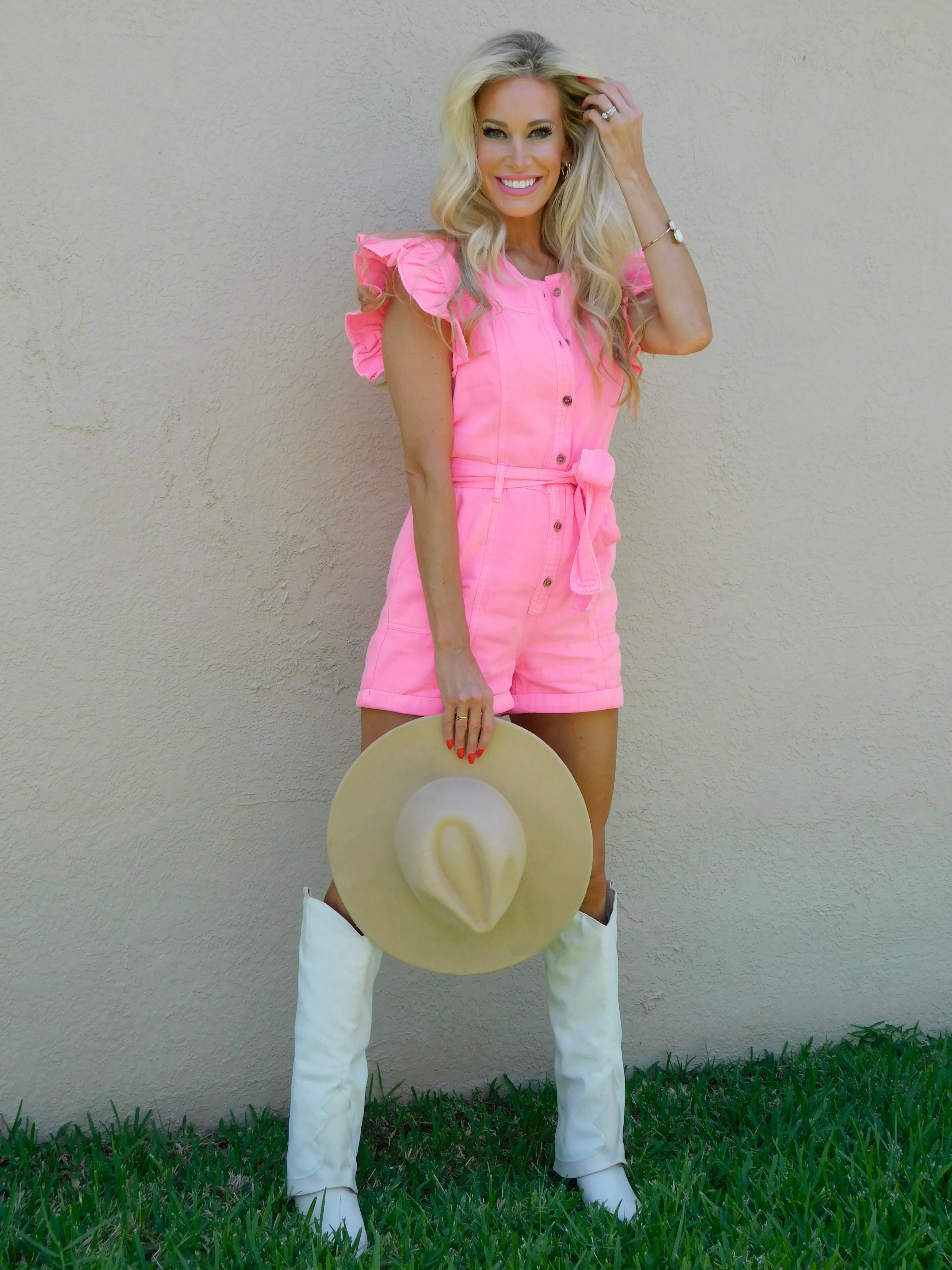 Portia Ruffle Sleeve Belted Denim Romper