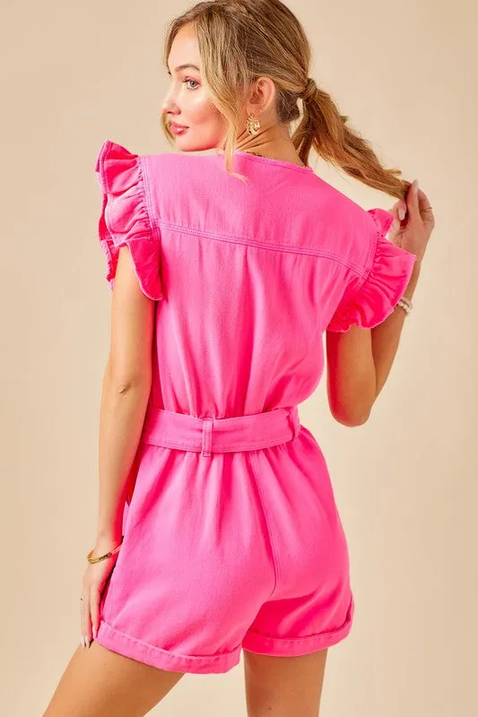 Portia Ruffle Sleeve Belted Denim Romper