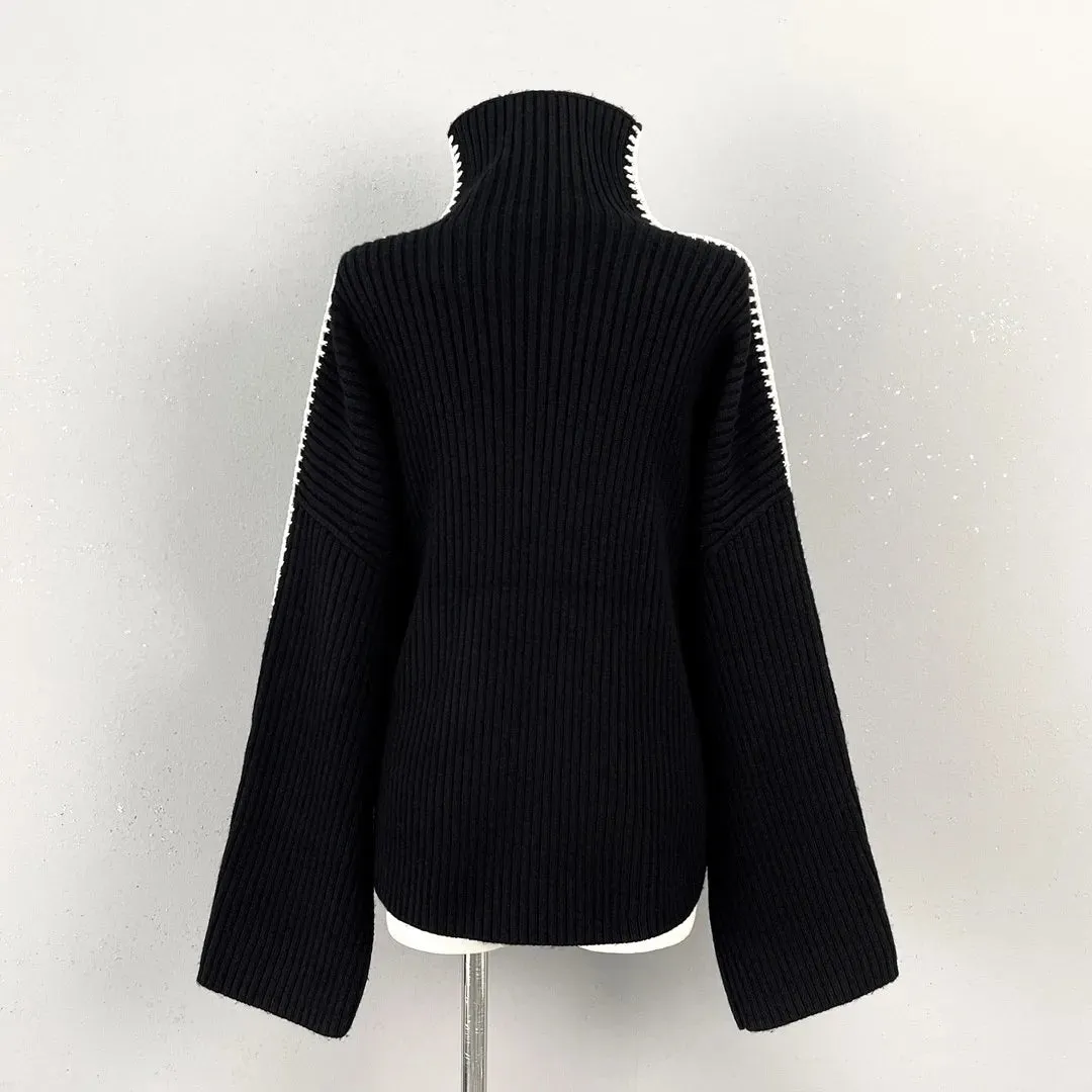 Pre Order:  Contrast Overstitch Turtleneck Wool Sweater