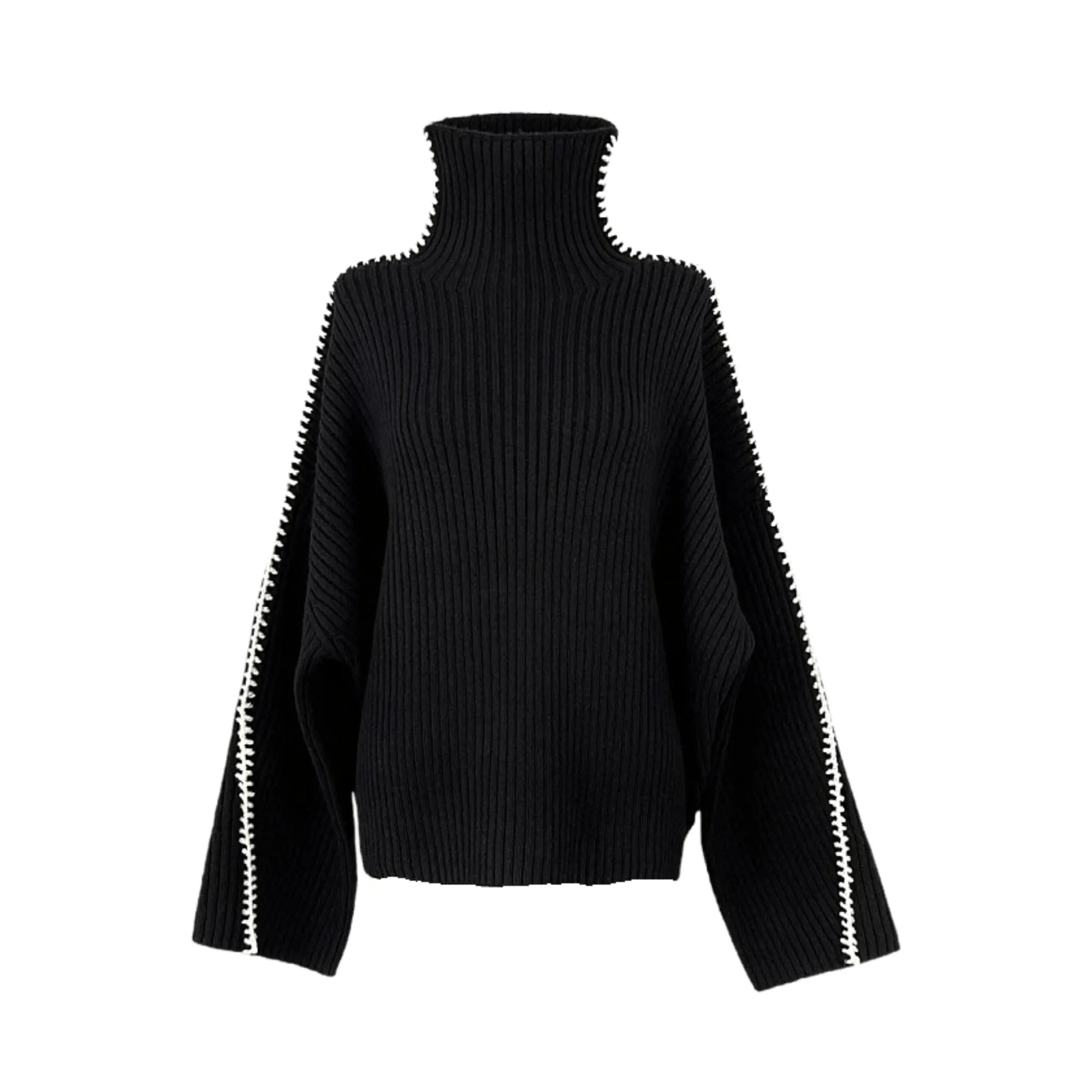 Pre Order:  Contrast Overstitch Turtleneck Wool Sweater