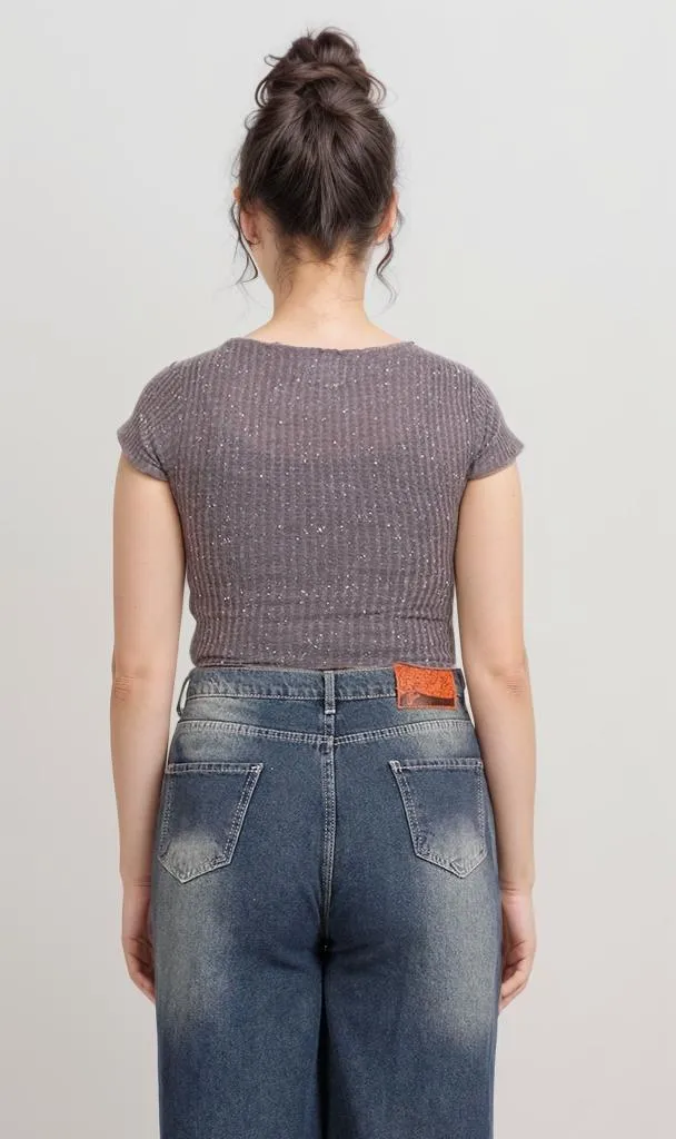 R205511-R205511 - Ribbed Knit Cap Sleeve Top - Grey