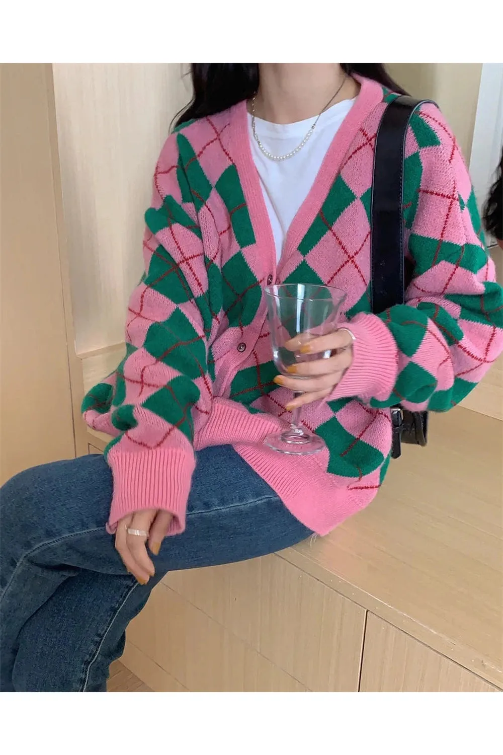 Retro Argyle Knit Fall Cardigan