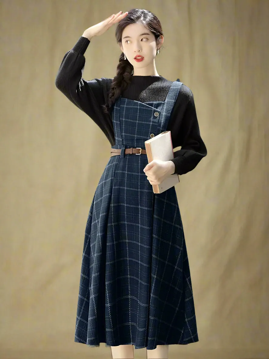 Retro Brown Plaid Apron Dress