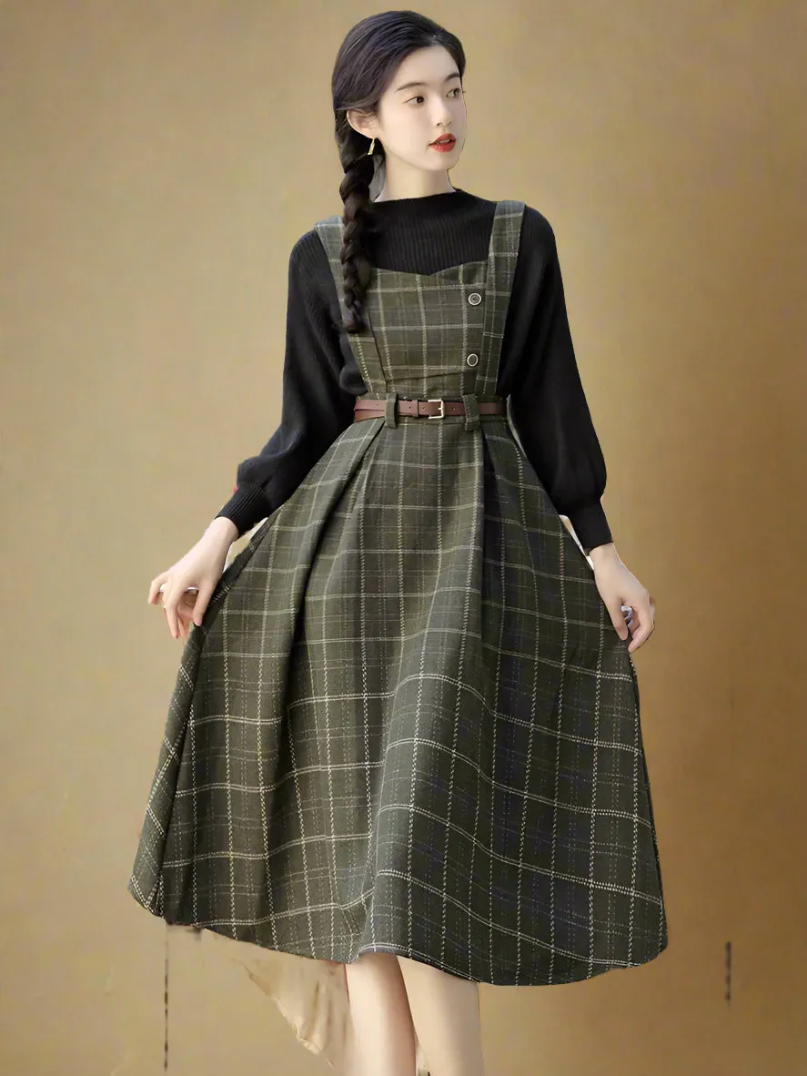 Retro Brown Plaid Apron Dress