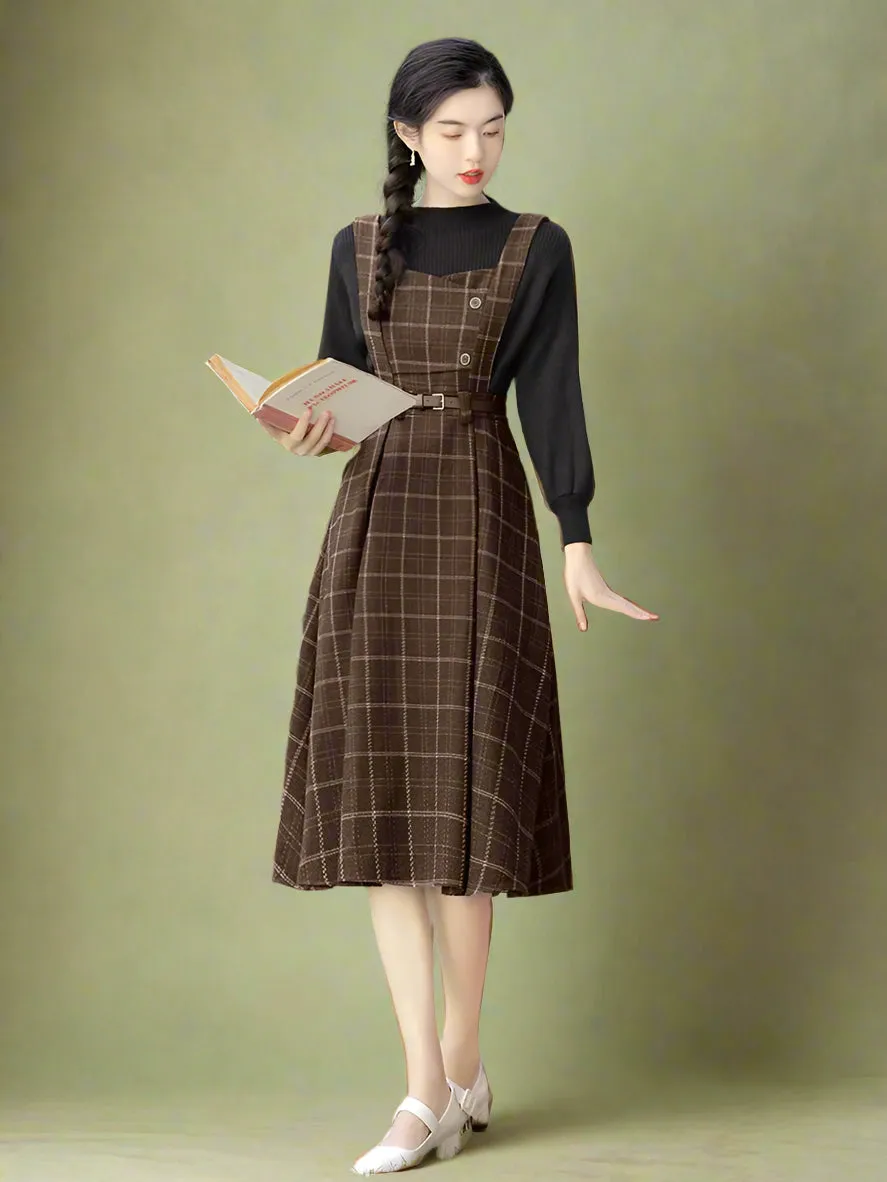 Retro Brown Plaid Apron Dress