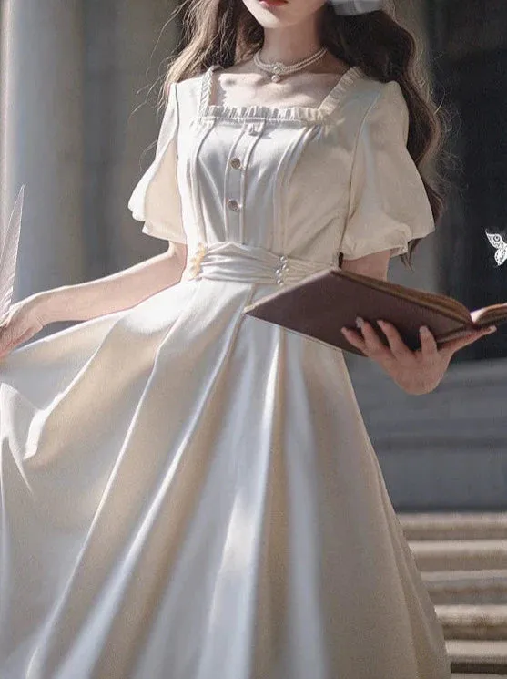 Satin Collar Square Apricot   Belt Retro Pearl Dress French