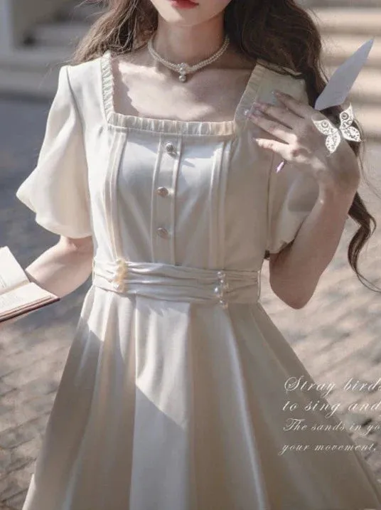 Satin Collar Square Apricot   Belt Retro Pearl Dress French