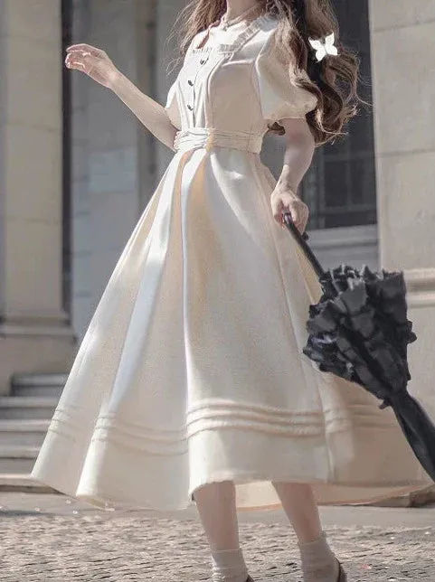 Satin Collar Square Apricot   Belt Retro Pearl Dress French