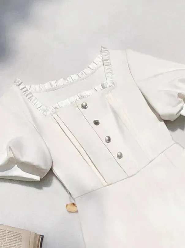 Satin Collar Square Apricot   Belt Retro Pearl Dress French