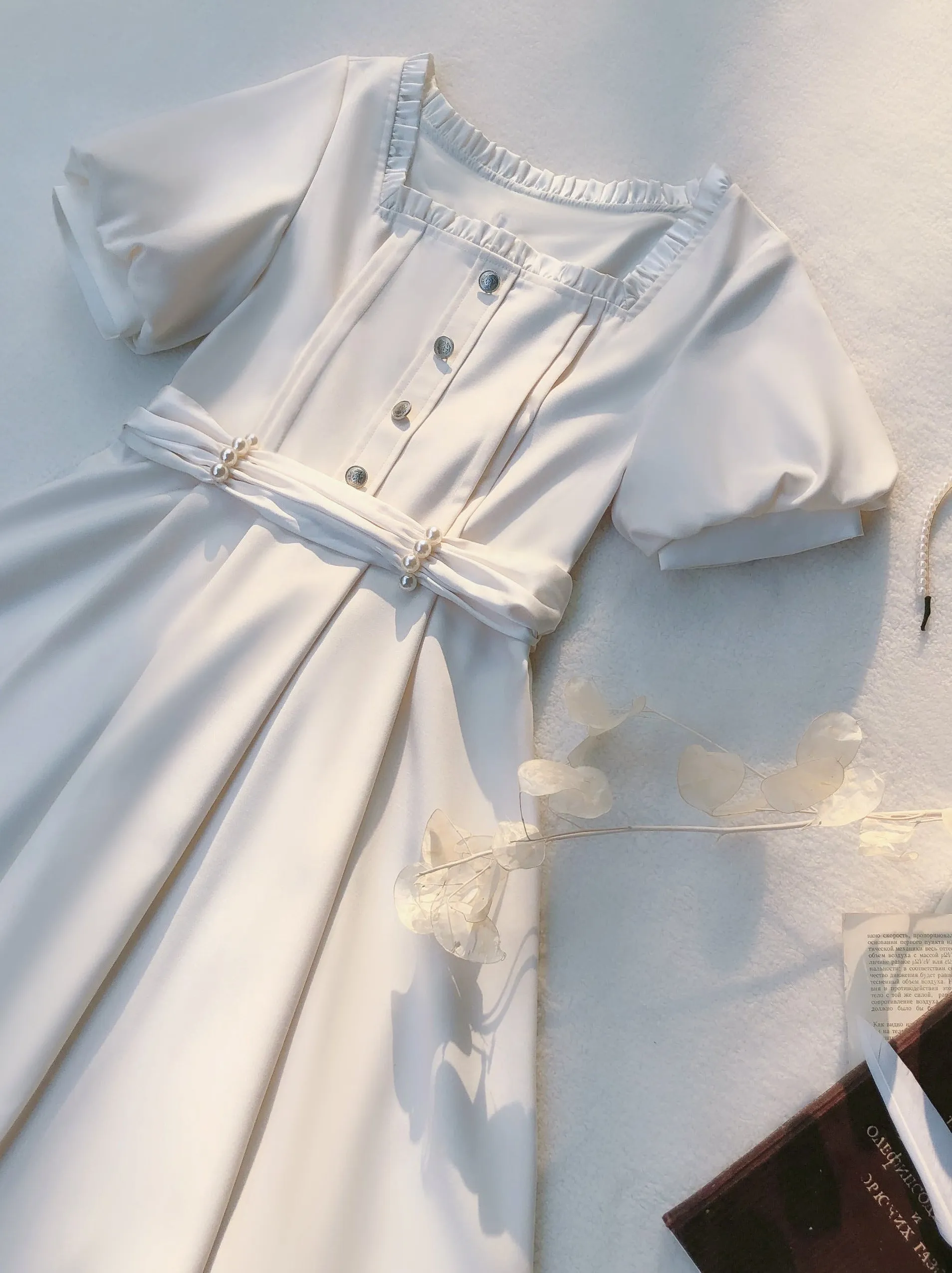 Satin Collar Square Apricot   Belt Retro Pearl Dress French