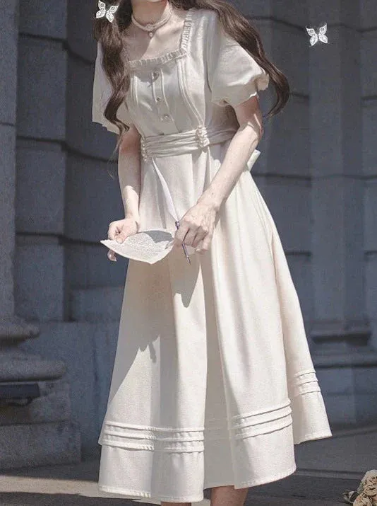 Satin Collar Square Apricot   Belt Retro Pearl Dress French