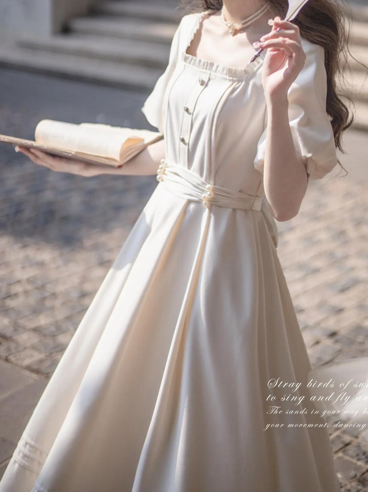 Satin Collar Square Apricot   Belt Retro Pearl Dress French