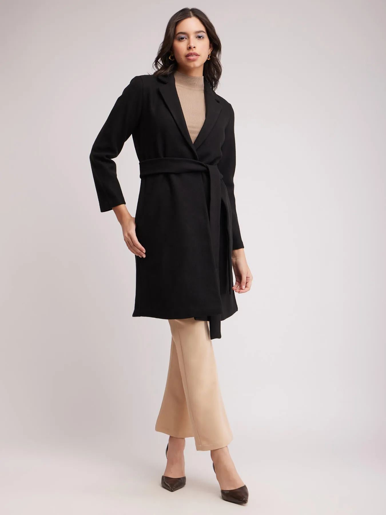 Single Breasted Tweed Overcoat - Black