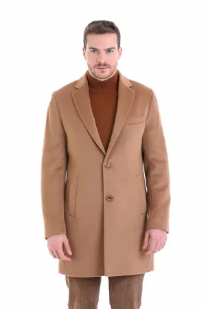 Slim Fit Cachet Notch Lapel Camel Wool Overcoat