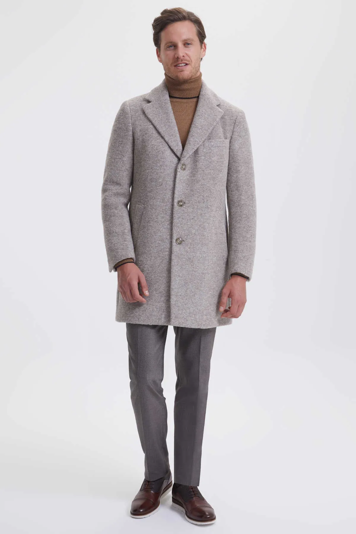 Slim Fit Notch Lapel Wool Gray Overcoat, Light Brown D.2