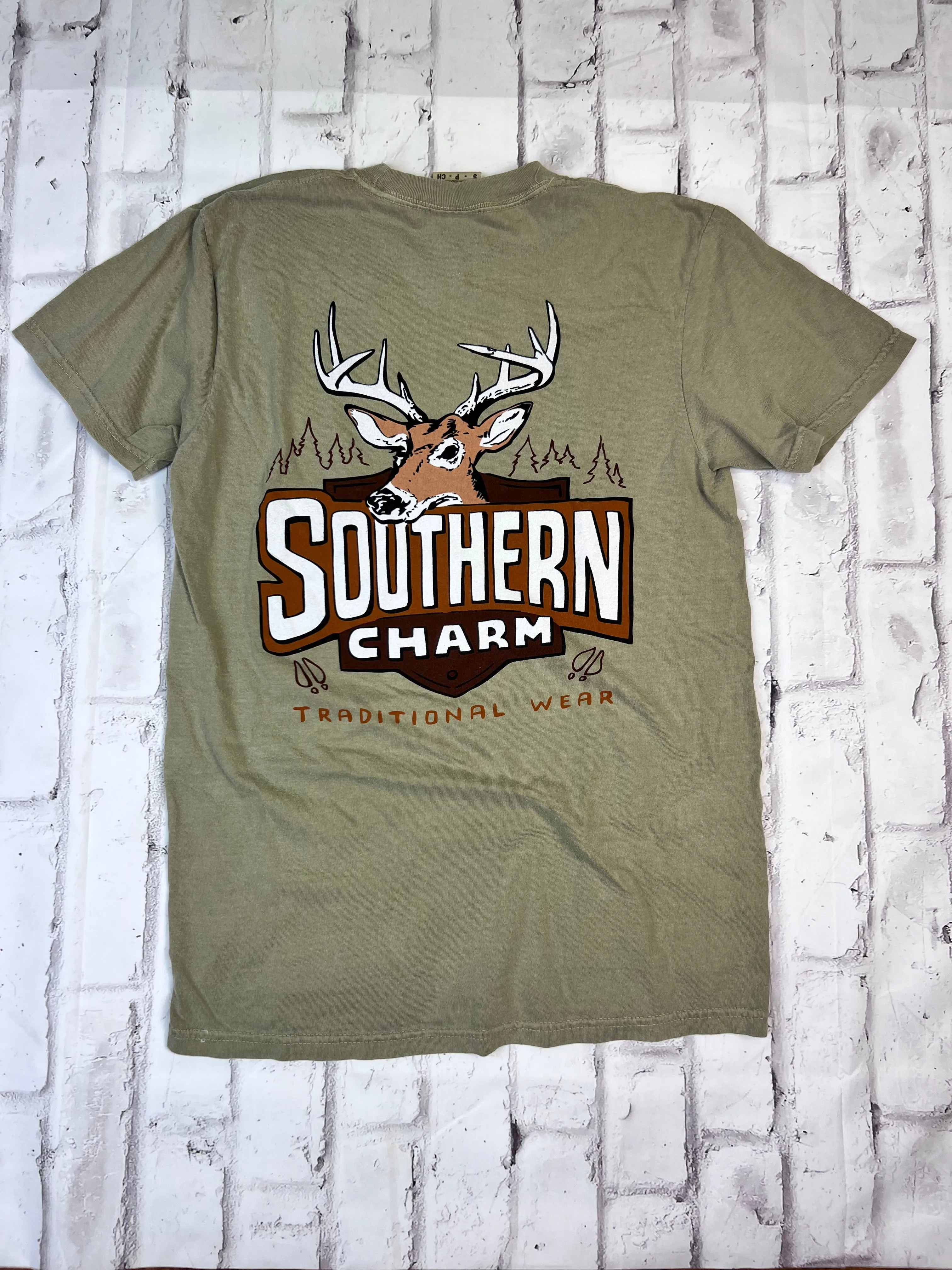 Southern Charm "Cartoon Deer" Short Sleeve T-shirt - Military