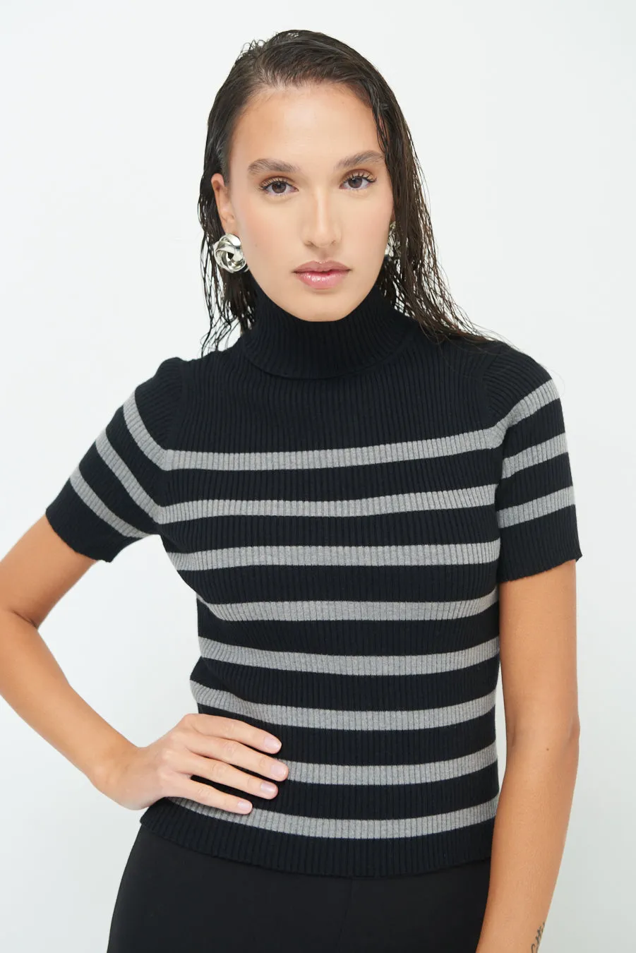 Striped ribbed turtleneck short-sleeve top wholesale