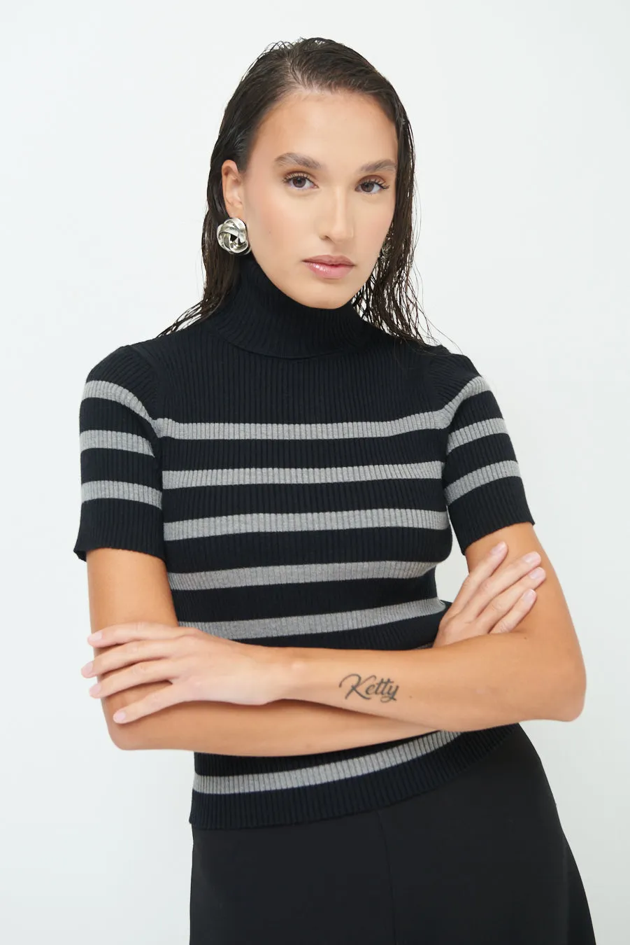 Striped ribbed turtleneck short-sleeve top wholesale