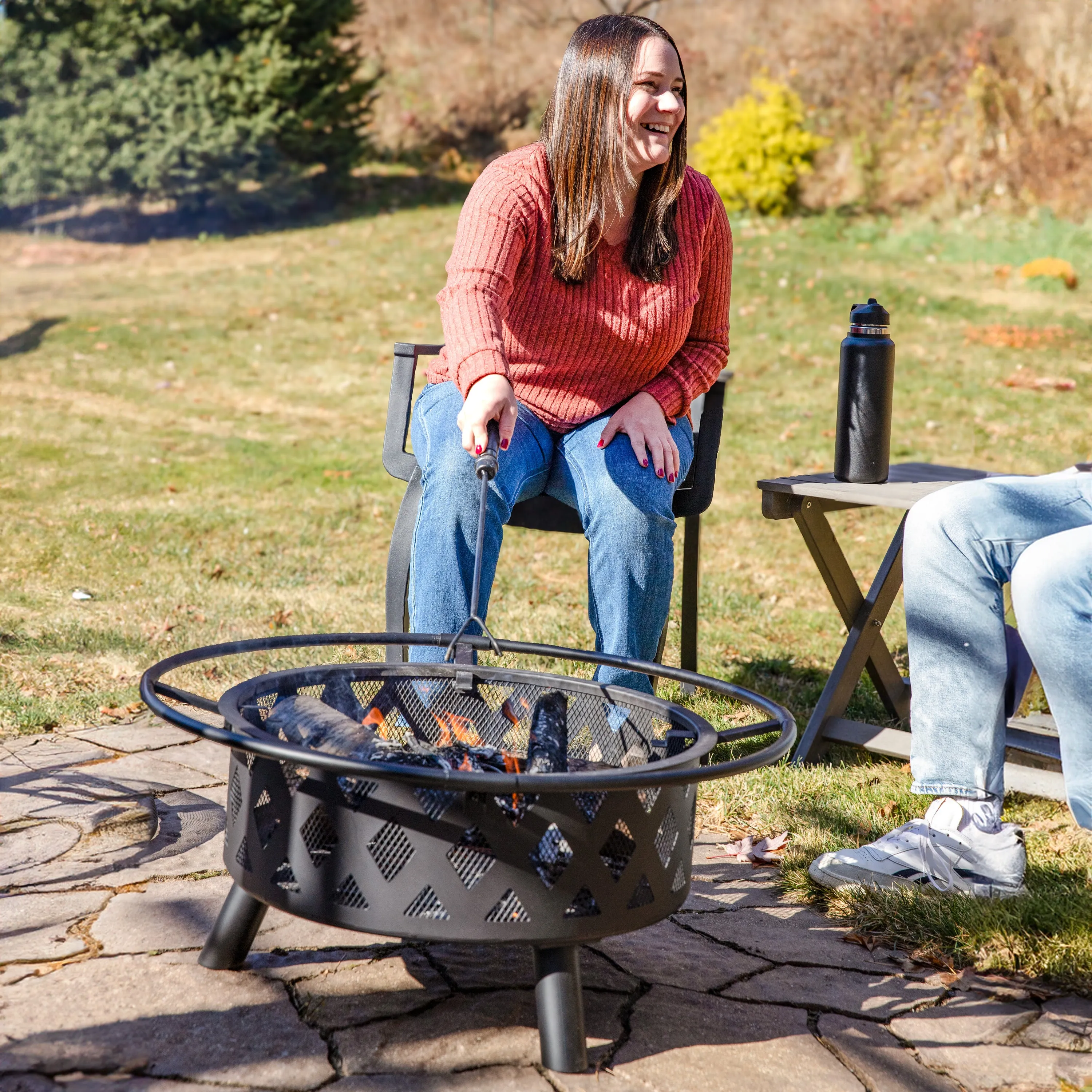 Sunnydaze Black Crossweave Wood Fire Pit with Cover, Spark Screen, Grate, and Poker