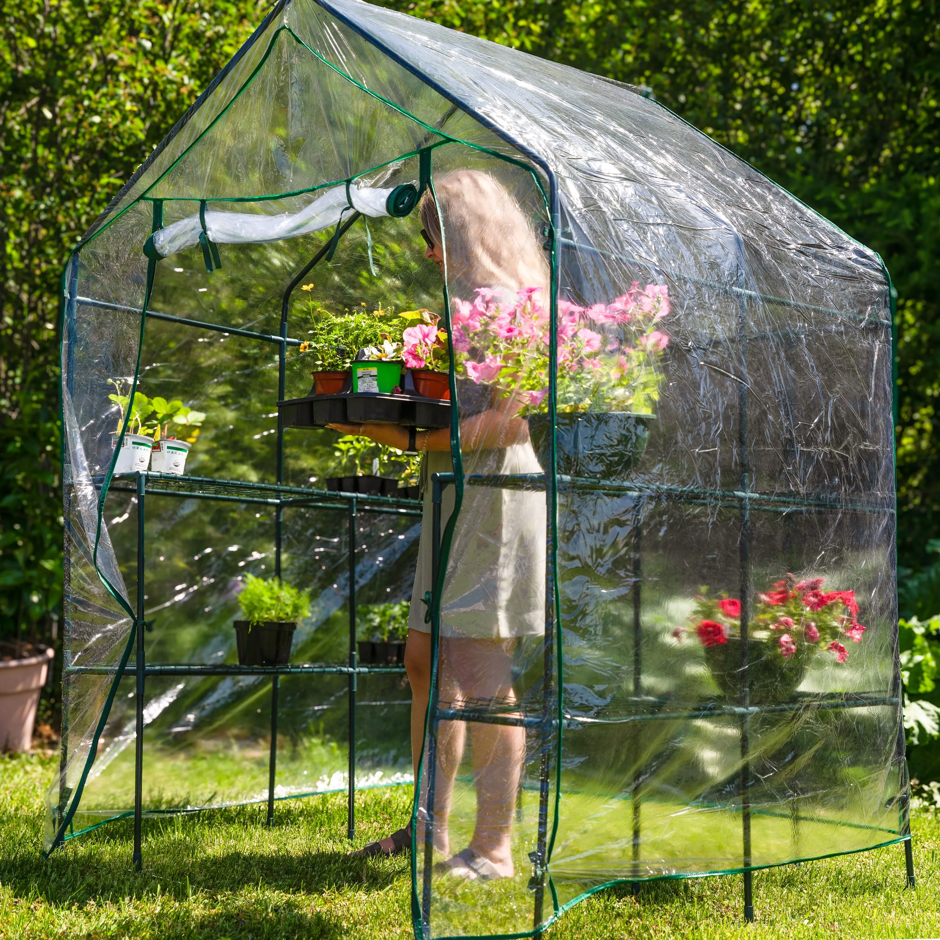 Sunnydaze Grandeur Walk-In Greenhouse with 4 Shelves for Outdoors - Clear